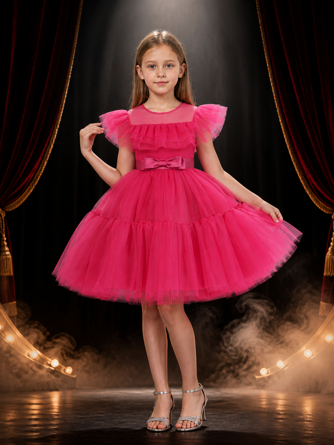 Girls' Princess Tulle Formal Dress with Puff Sleeves and Bow Waist, Rose Red Costume Dresses detail 3