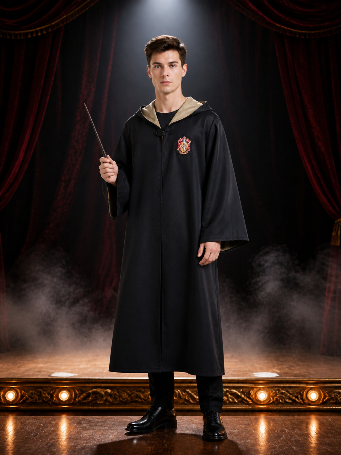 Black Hooded Wizard Robe Costume With Academy Crest, Long Sleeve Halloween Costumes detail 3