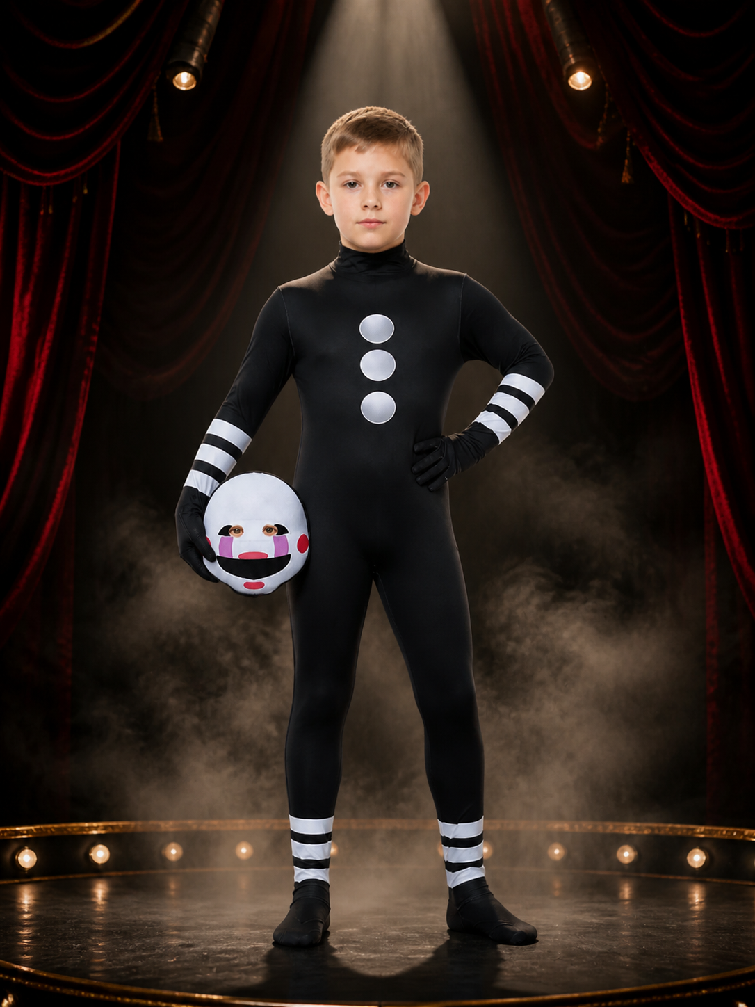 Unisex Masked Character Jumpsuit Costume with Hood and Smiley Face Print on-model stage scene view