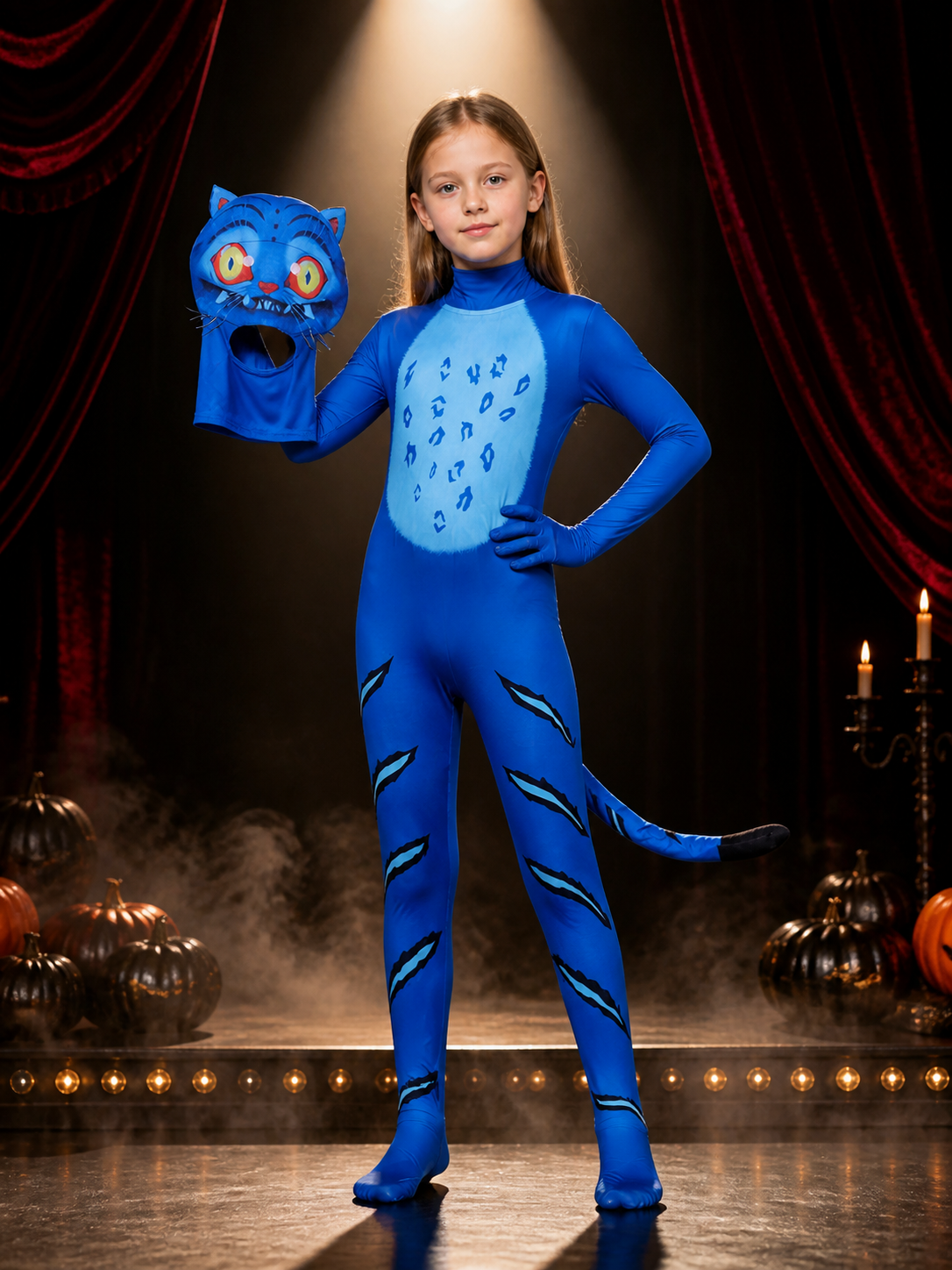 Blue and Black Tiger Costume Bodysuit with Headpiece, Full Body Animal Onesie Costume Headwear detail 3