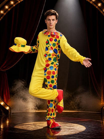 Adult Unisex Clown Jumpsuit Costume Set with Colorful Polka Dots and Ruffle Costumes detail 3