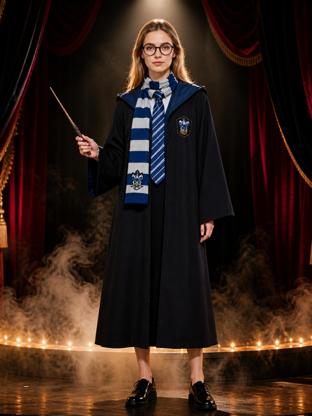Wizard Robe Costume Set, Hooded Black Cloak with Blue-White Striped Scarf, Tie Costume Capes detail 3