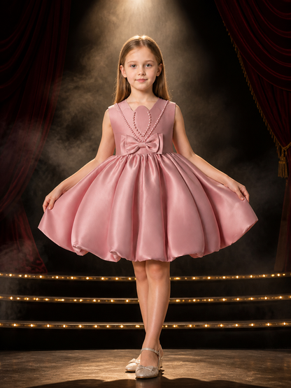 Girls' Dusty Pink Princess Formal Dress, Sleeveless Bow and Pearl Chain Detail Costume Dresses detail 3