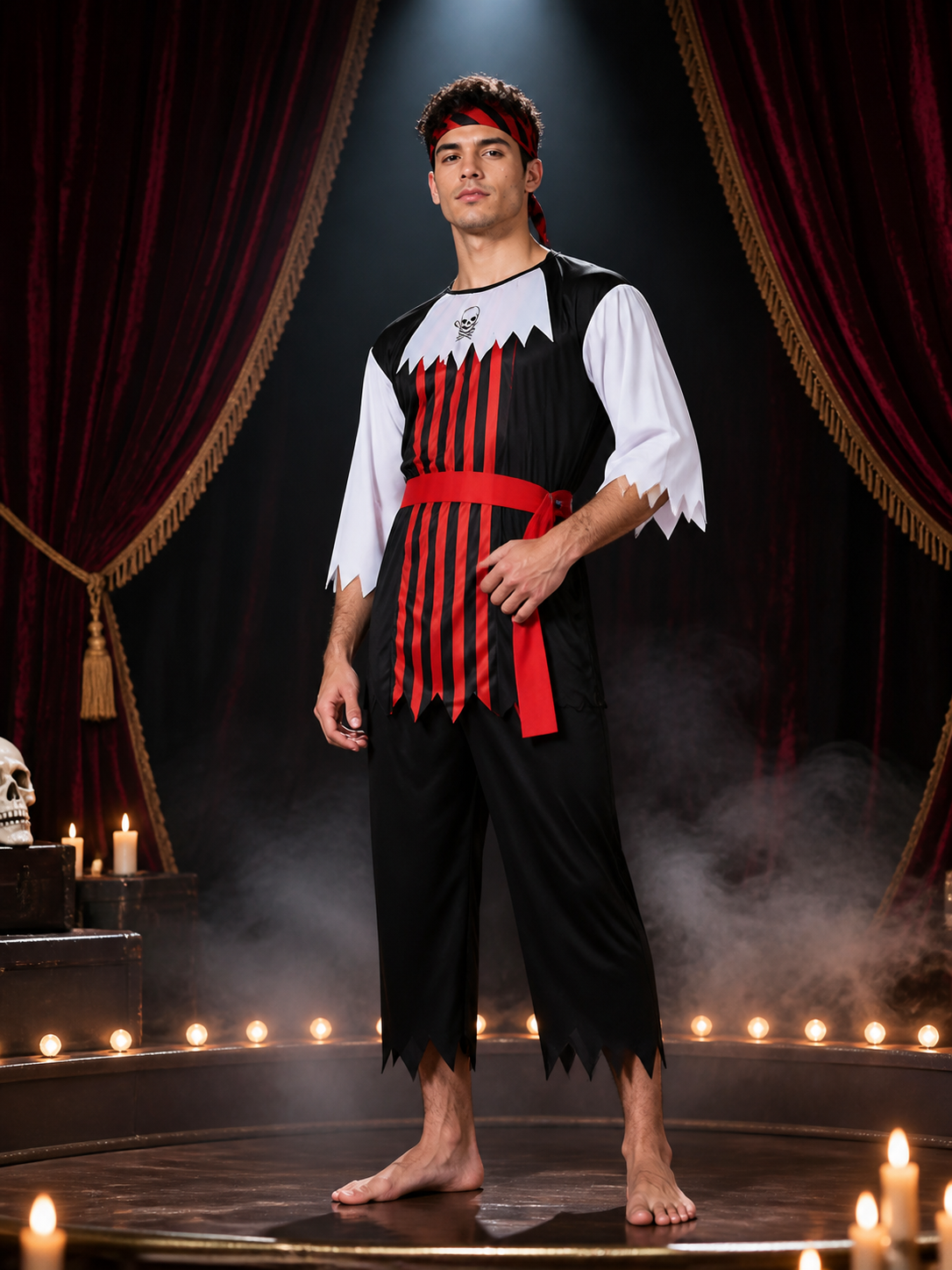 Pirate Costume Set for Adults, Skull Print Black and Red Striped Top and Pants Costumes detail 3