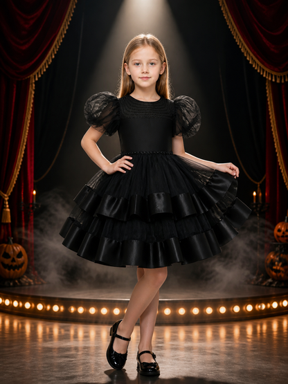 Girls' Black Princess Dress, Beaded Puff Sleeve Layered Formal Gown Costume Dresses detail 2