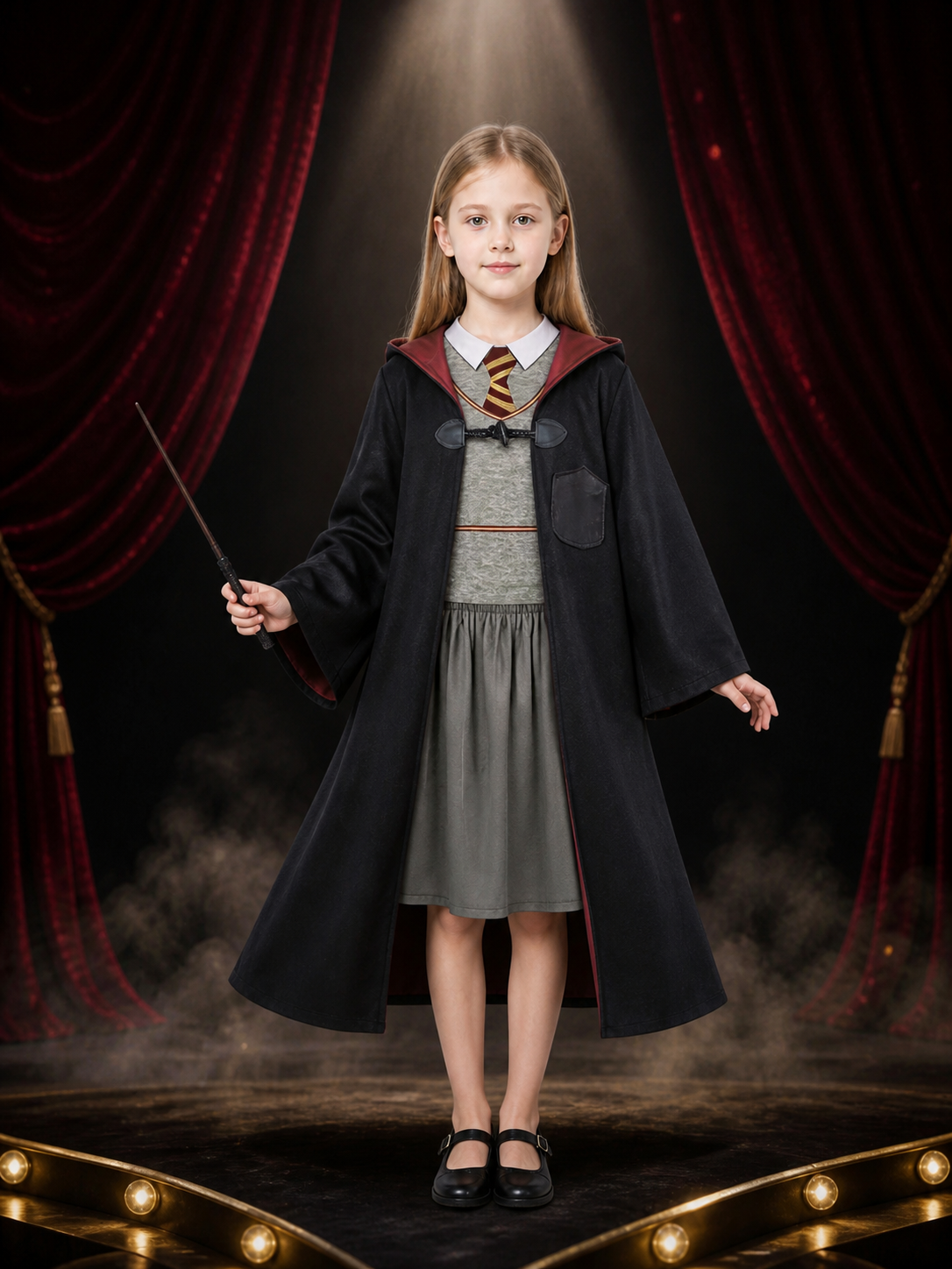 Kids Wizard Costume Set With Hooded Robe, Vest, Skirt And Wand Costume Accessories detail 3
