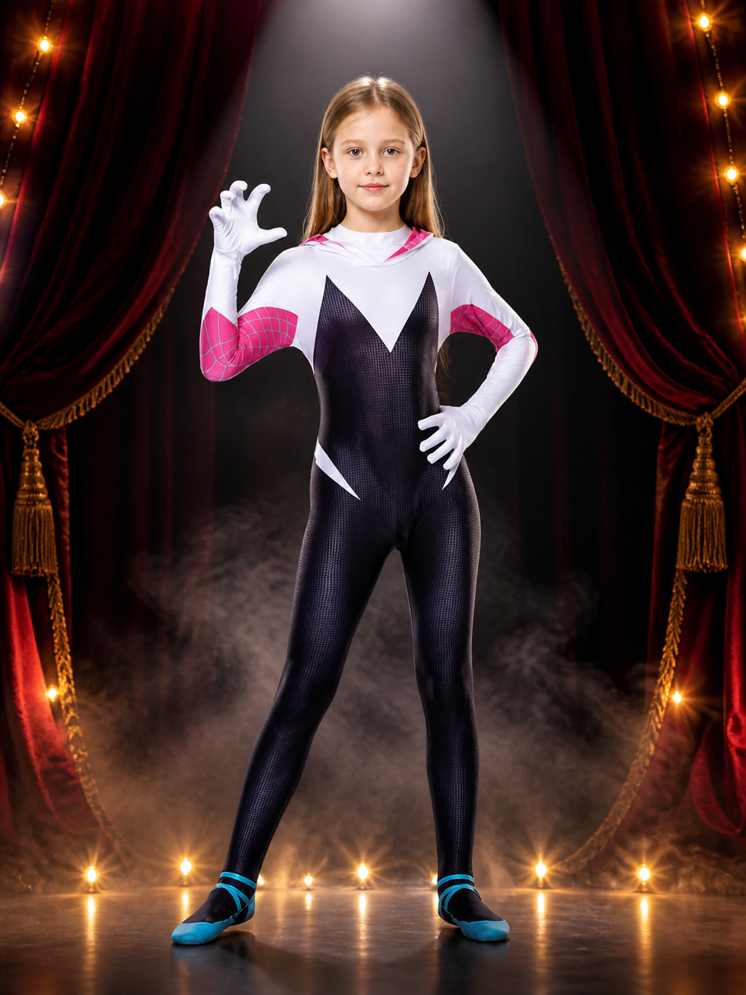 Hooded Superhero Bodysuit Costume, Black White Pink Geometric Full-Body Cosplay Costumes detail 3