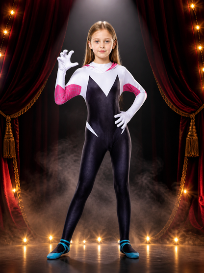 Hooded Superhero Bodysuit Costume, Black White Pink Geometric Full-Body Cosplay Costumes detail 3