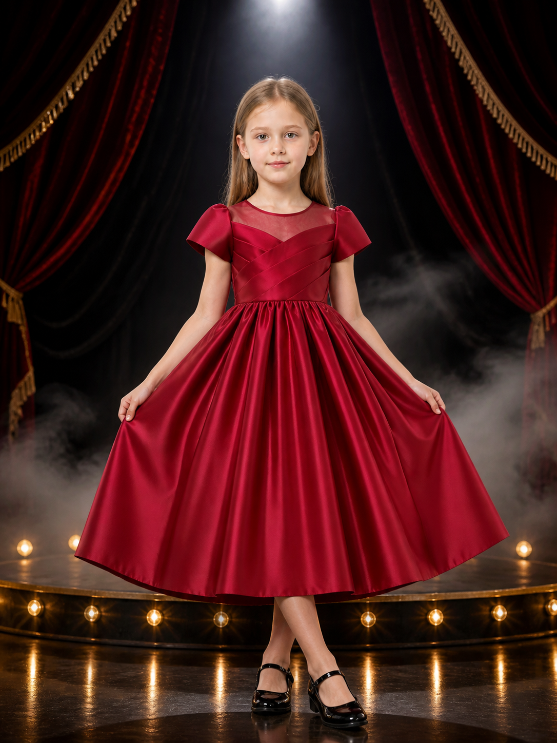 Girls' Burgundy Princess Dress, Short Sleeve Bow Detail Puff Skirt Gown Costume Dresses detail 3