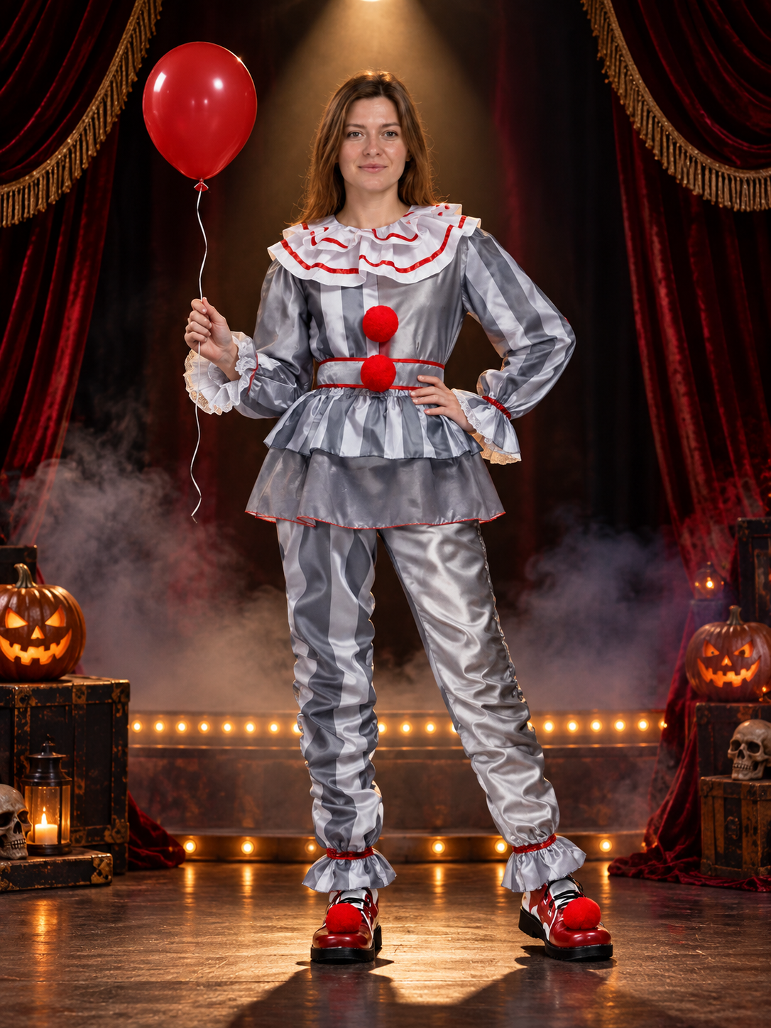 Striped Clown Costume with Peplum, Ruffles, and Pom-Poms