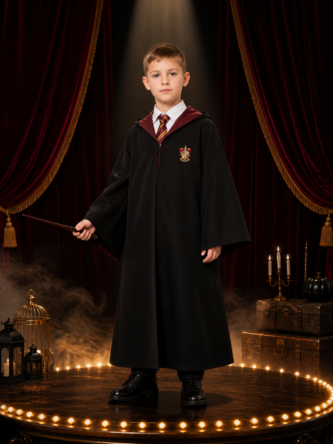 Hooded Wizard Robe Costume Set with Shirt and Striped Tie, Academy-Style Fantasy Costumes detail 3