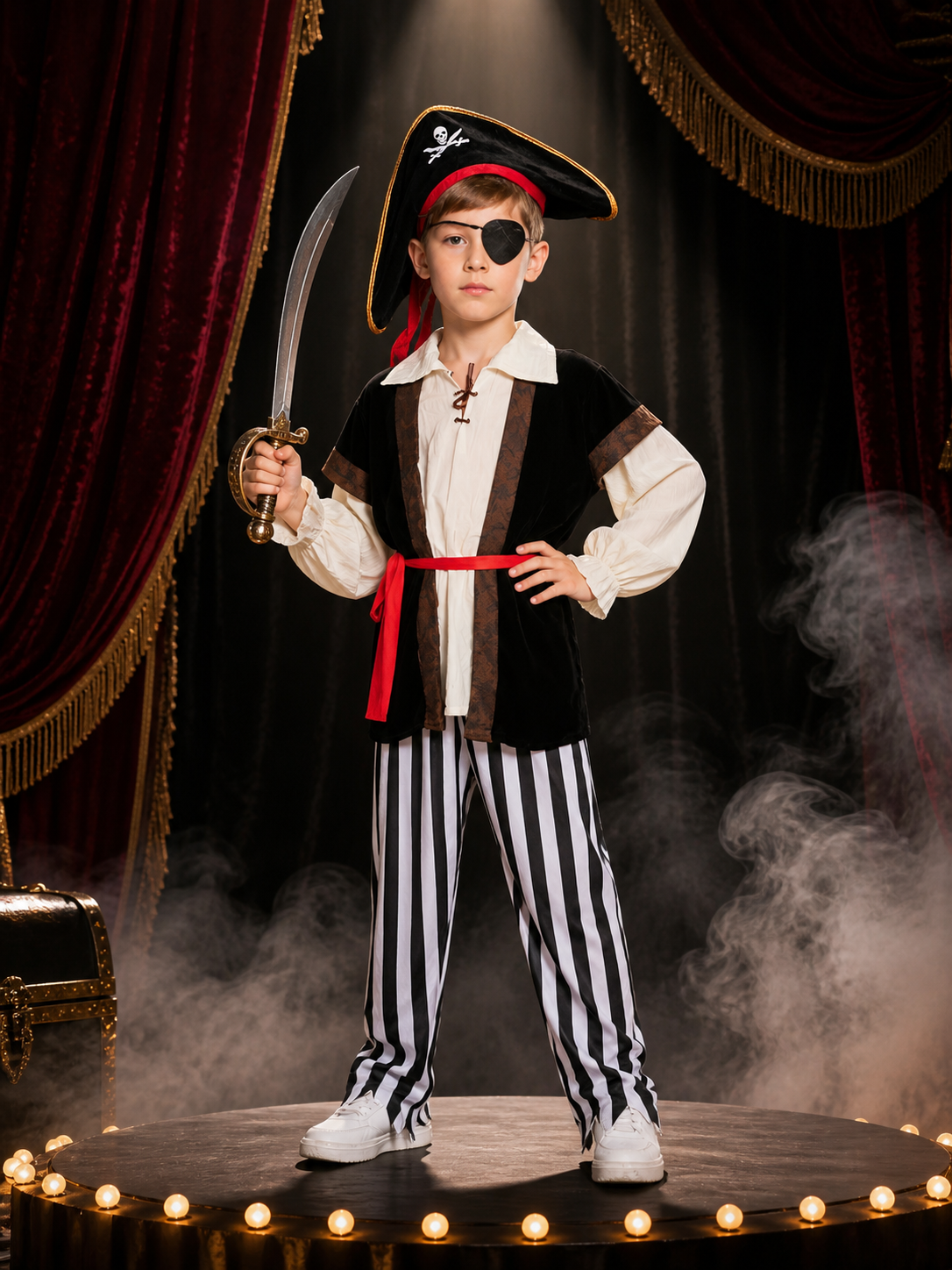 Kids' Pirate Costume Set - Skeleton Print Shirt, Striped Pants, Hat, Eye Patch Costume Headwear detail 3