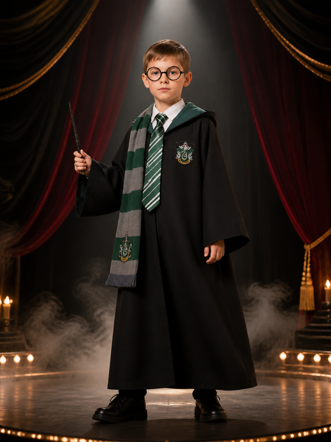 Kids Hooded Wizard Robe Costume Set, Five-Piece Cosplay Outfit With Scarf, Tie Costumes detail 3