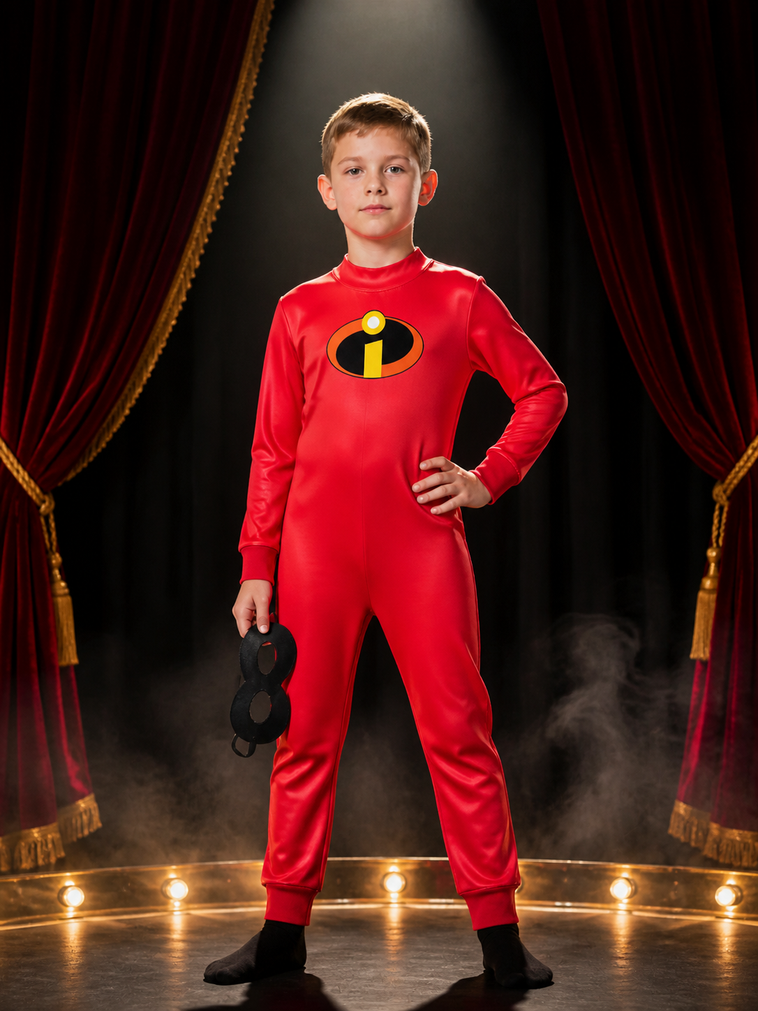 Kids' Superhero Jumpsuit Costume with Eye Mask - Red Unitard for Halloween Costume Masks detail 3