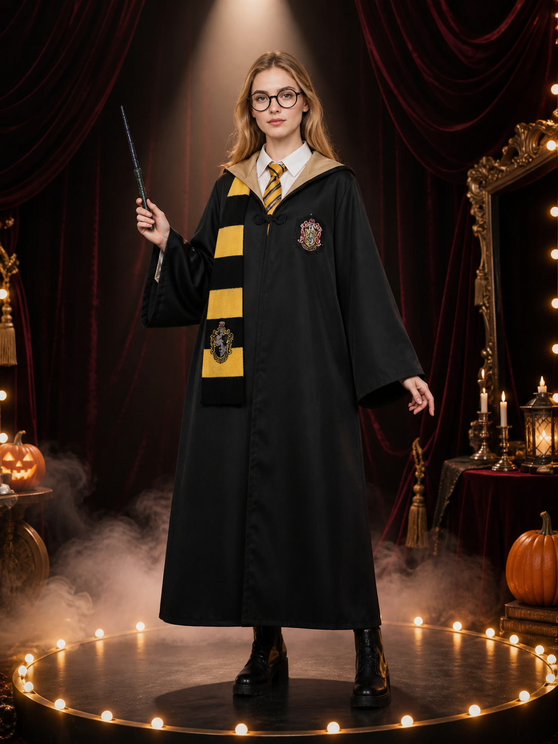 Kids Black And Yellow Hooded Wizard Robe Costume Set With Scarf, Tie, Glasses Costumes detail 3