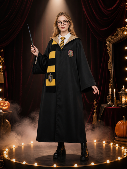 Kids Black And Yellow Hooded Wizard Robe Costume Set With Scarf, Tie, Glasses Costumes detail 3