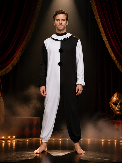 Unisex Clown Jumpsuit Costume, Black and White Split Design with Ruffled Collar on-model stage scene view