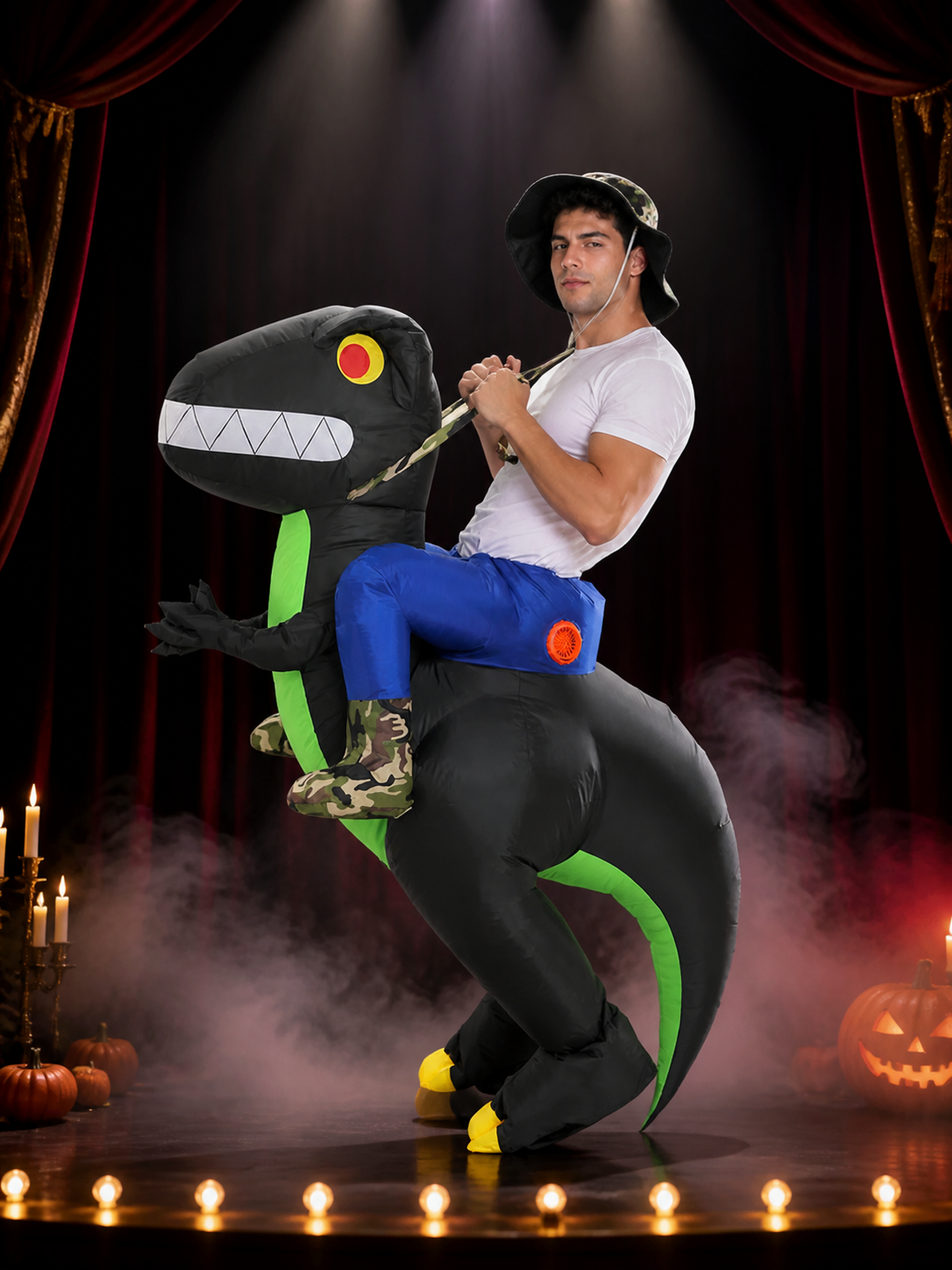 Black Green Inflatable Dinosaur Costume, Funny Blow Up T-Rex Suit with Long Costumes detail 3