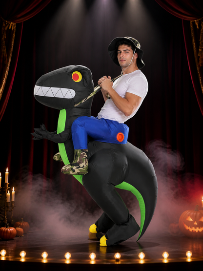 Black Green Inflatable Dinosaur Costume, Funny Blow Up T-Rex Suit with Long Costumes detail 3