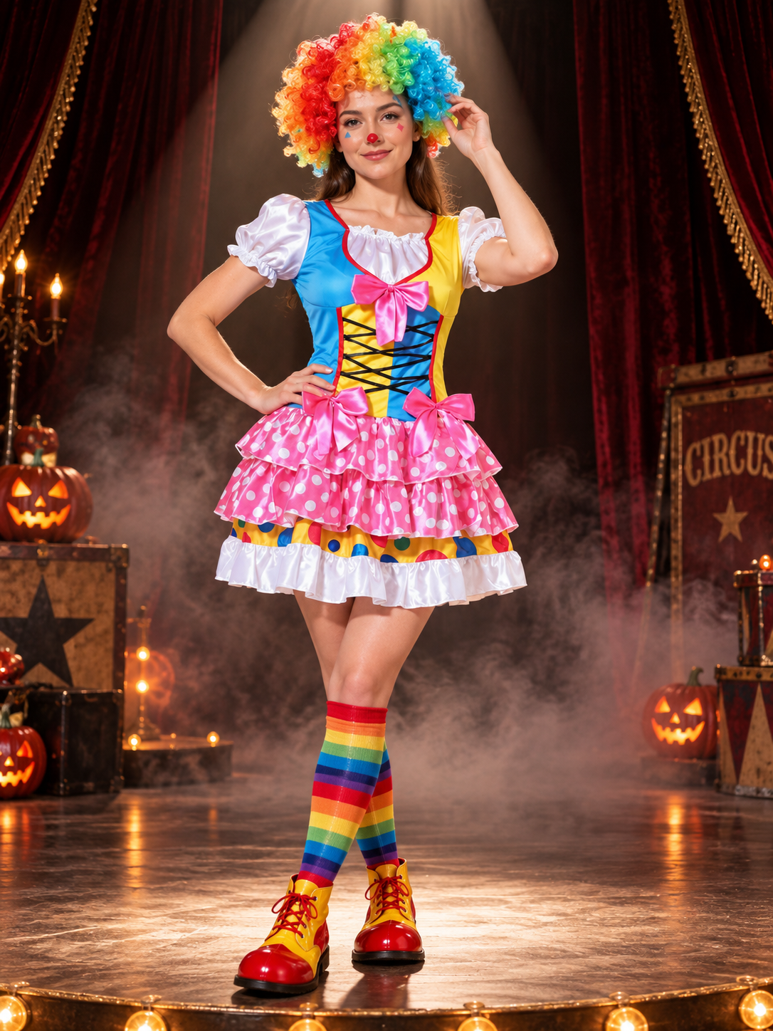 Adult Clown Costume Made of Satin with a Full Skirt and Bows