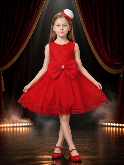 Girls' Red Lace Princess Dress with Oversized Bow and Headpiece, Sleeveless Mesh Costume Dresses detail 3