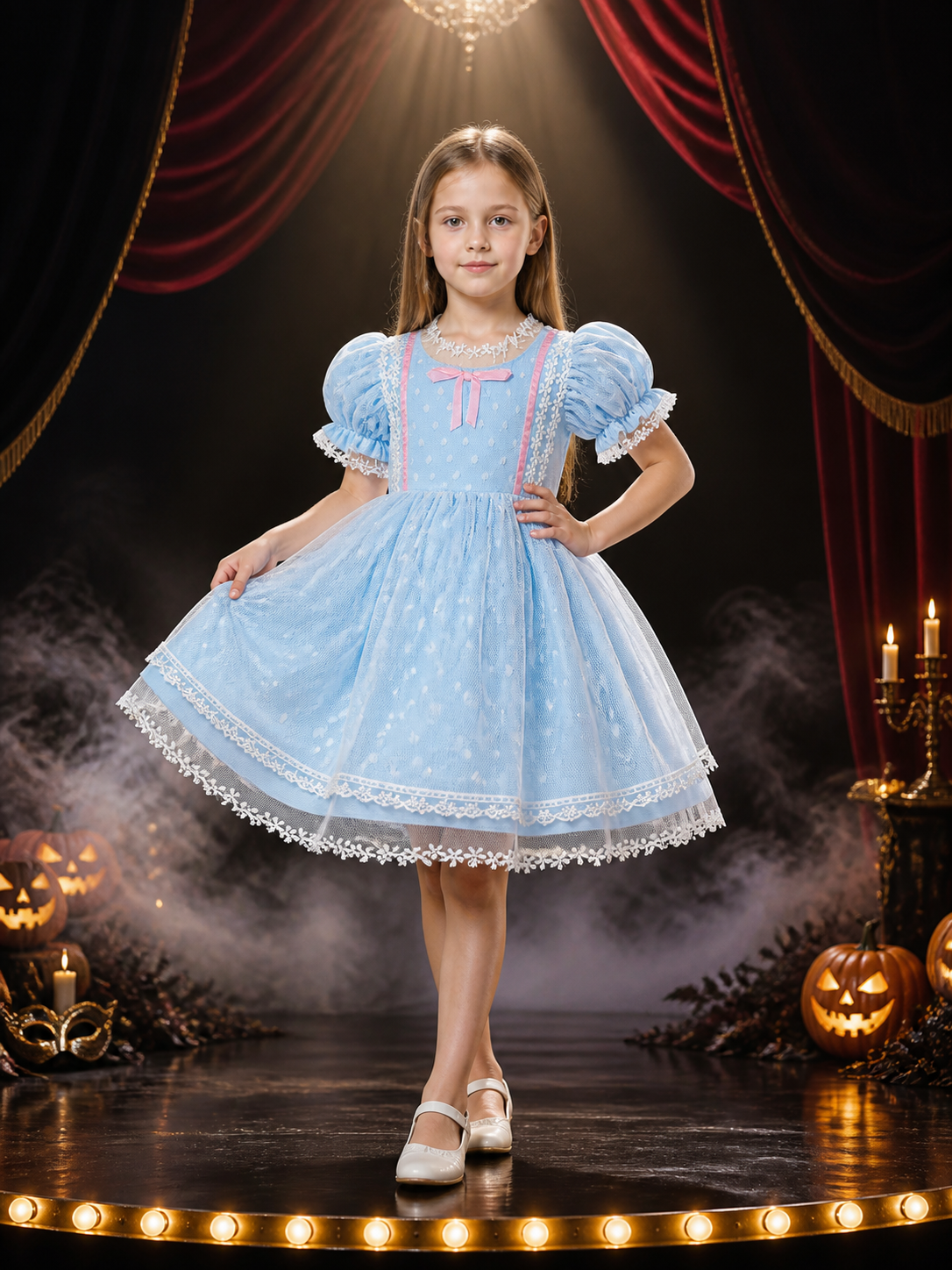 Baby Girls' Sky Blue Princess Dress with Pink Bow and Lace Trim Costume Dresses detail 3