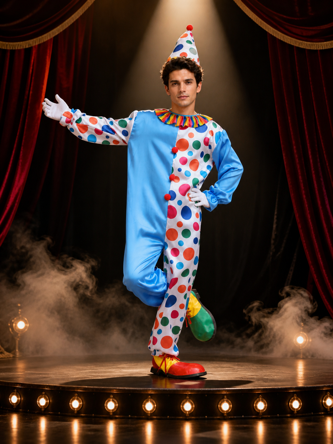 Unisex Clown Jumpsuit Costume Set, Polka Dot Print with Hat, Halloween Outfit Costume Headwear detail 3