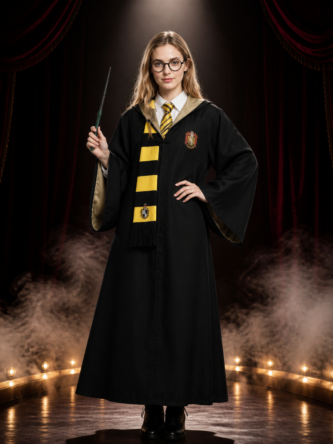 Wizard Costume Set With Black And Yellow Robe, Scarf, Tie, Wand And Round Costume Accessories detail 3