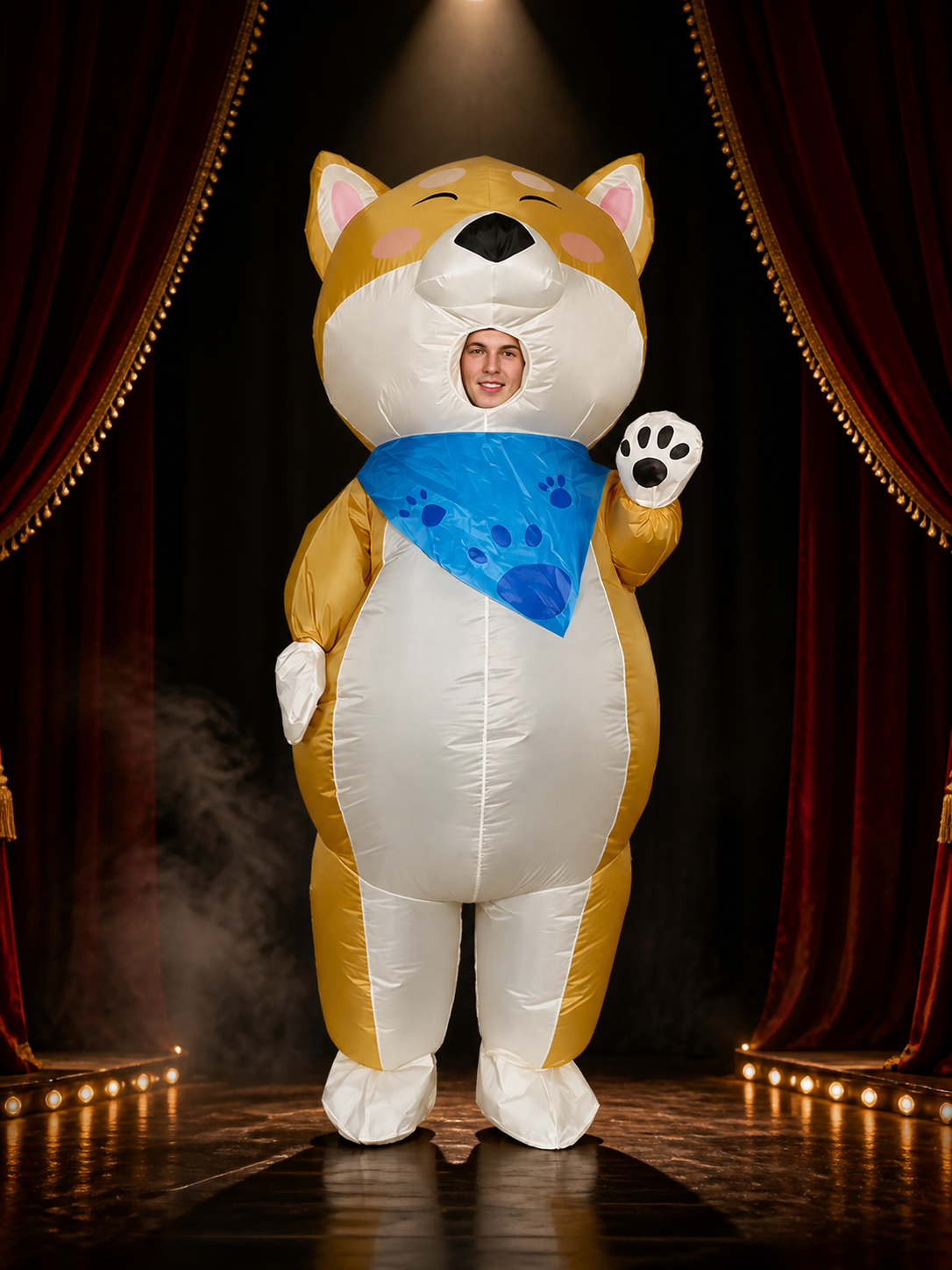 Adult Yellow Cat Inflatable Costume, Animal Suit with Blue Bib and Paw Prints Costumes detail 2