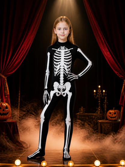 Halloween Skeleton Jumpsuit Costume, Black With White Bone Print Costumes detail 3