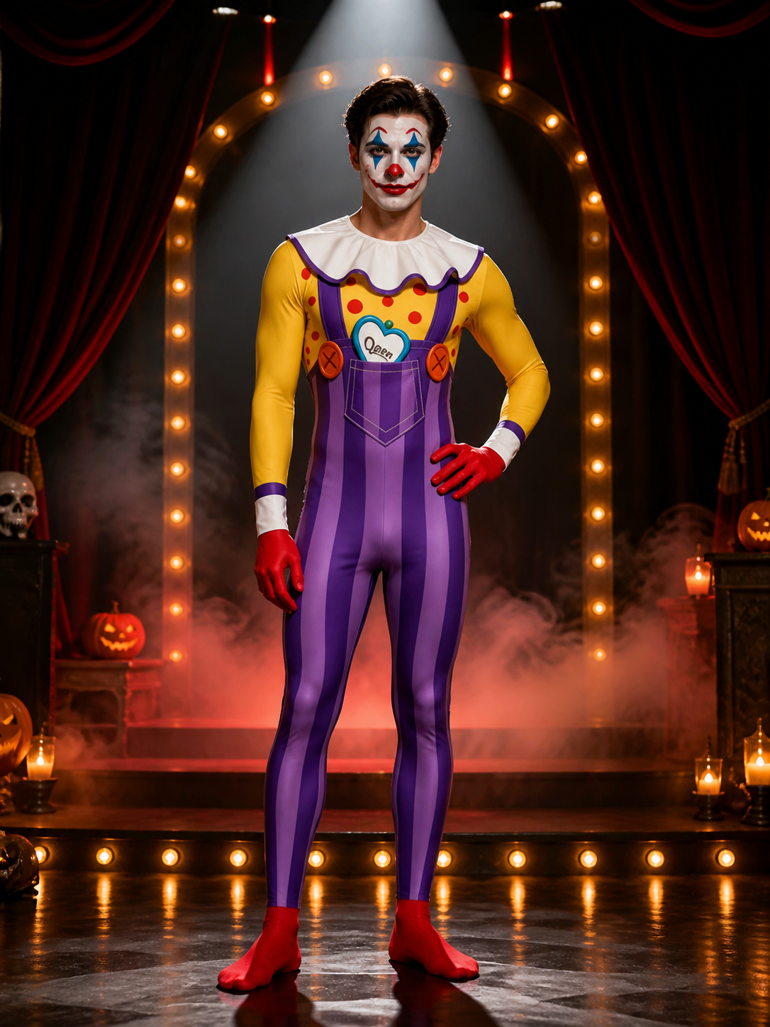 Giggling Clown Jumpsuit, Purple Striped Bib Overalls with Ruffled Collar on-model stage scene view