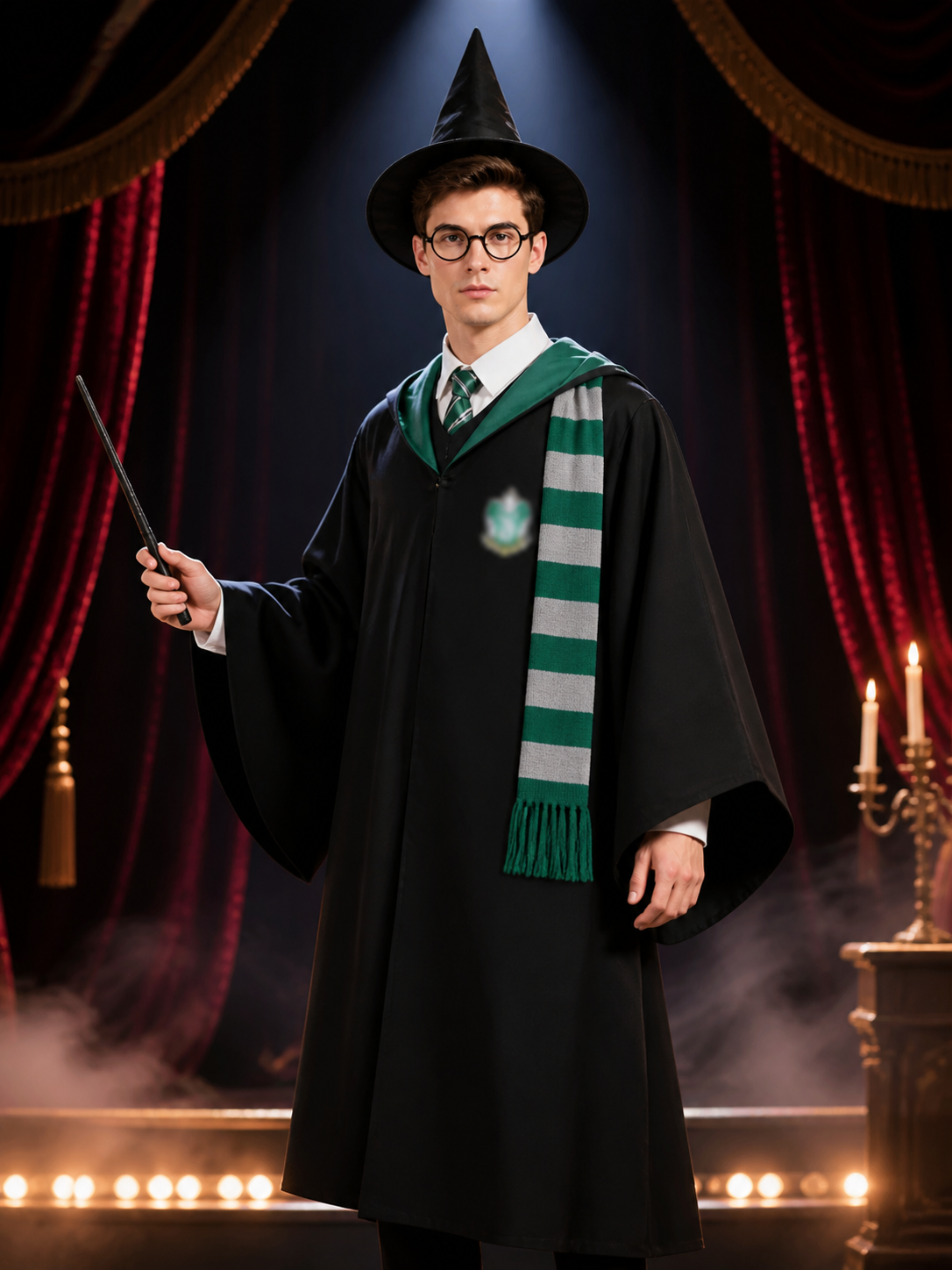 Wizard Costume Set, Hooded Robe With Hat, Scarf, Tie, Wand And Glasses, Green Costume Headwear detail 3