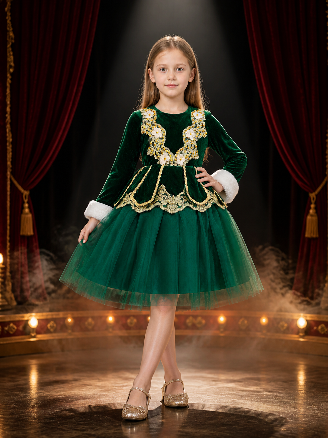 Girls' Dark Green Princess Party Dress, Long Sleeve Embroidered Tulle Skirt Costume Dresses detail 3