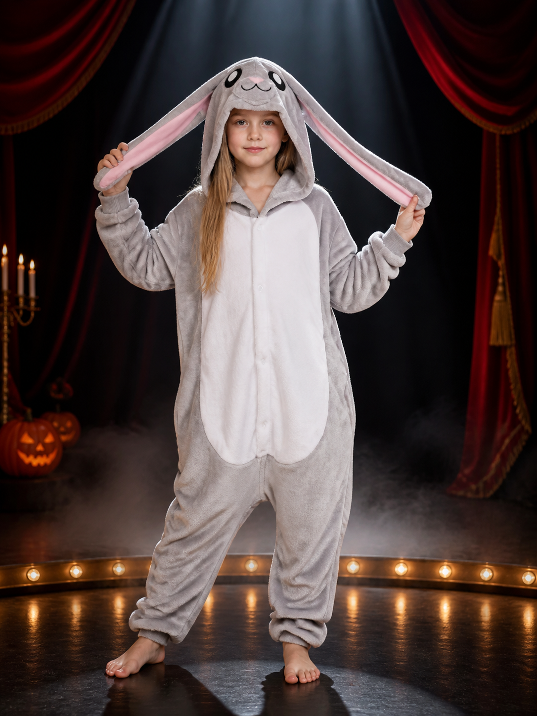 Gray Rabbit Hooded Jumpsuit Costume, Long-Ear Cartoon Animal One-Piece Outfit Costumes detail 3