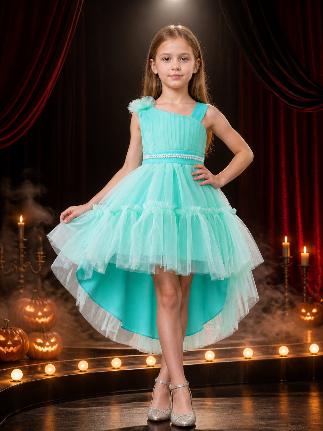 Girls' Mint Green Princess Dress, One-Shoulder Tulle Gown With Pearl Waist Costume Dresses detail 3