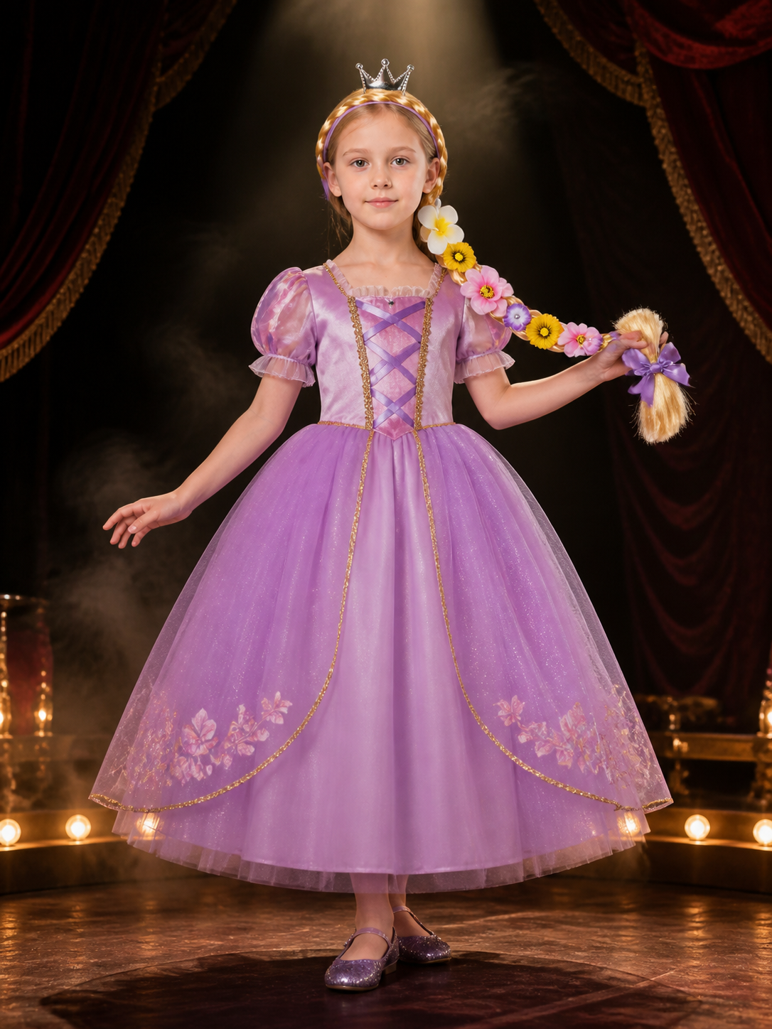 Kids Rapunzel Princess Braided Wig and Crown Halloween Accessory Set Costume Wigs detail 3