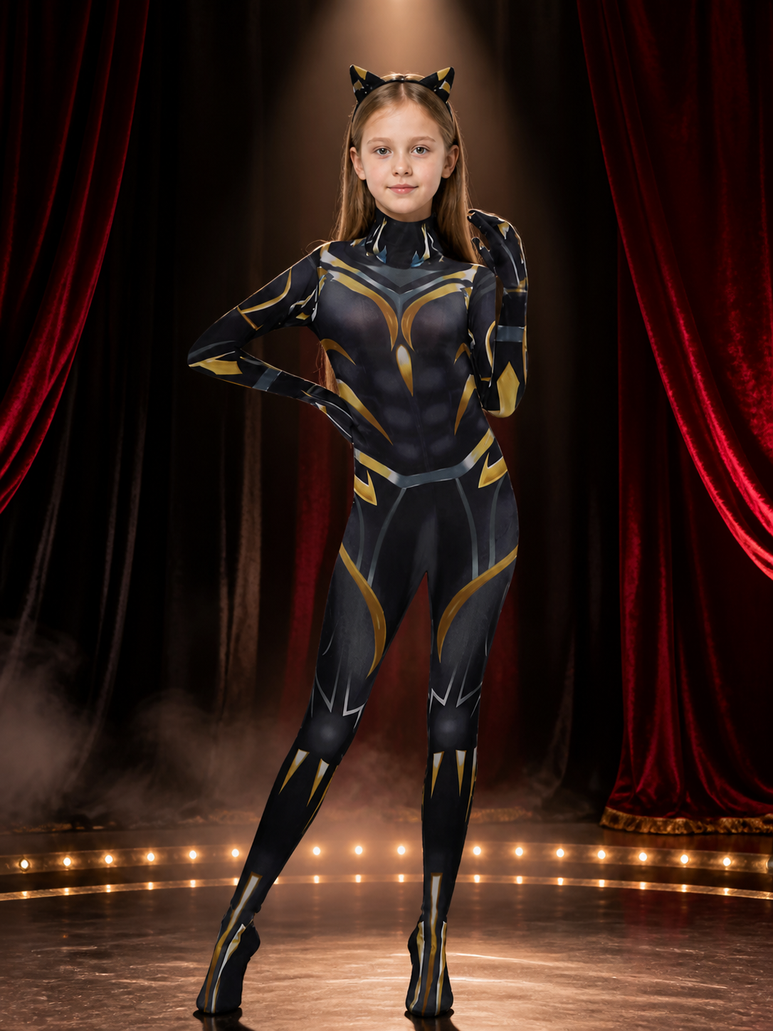 Panther Superhero Bodysuit Costume With Cat-Ear Hood and Geometric Print Costumes detail 3