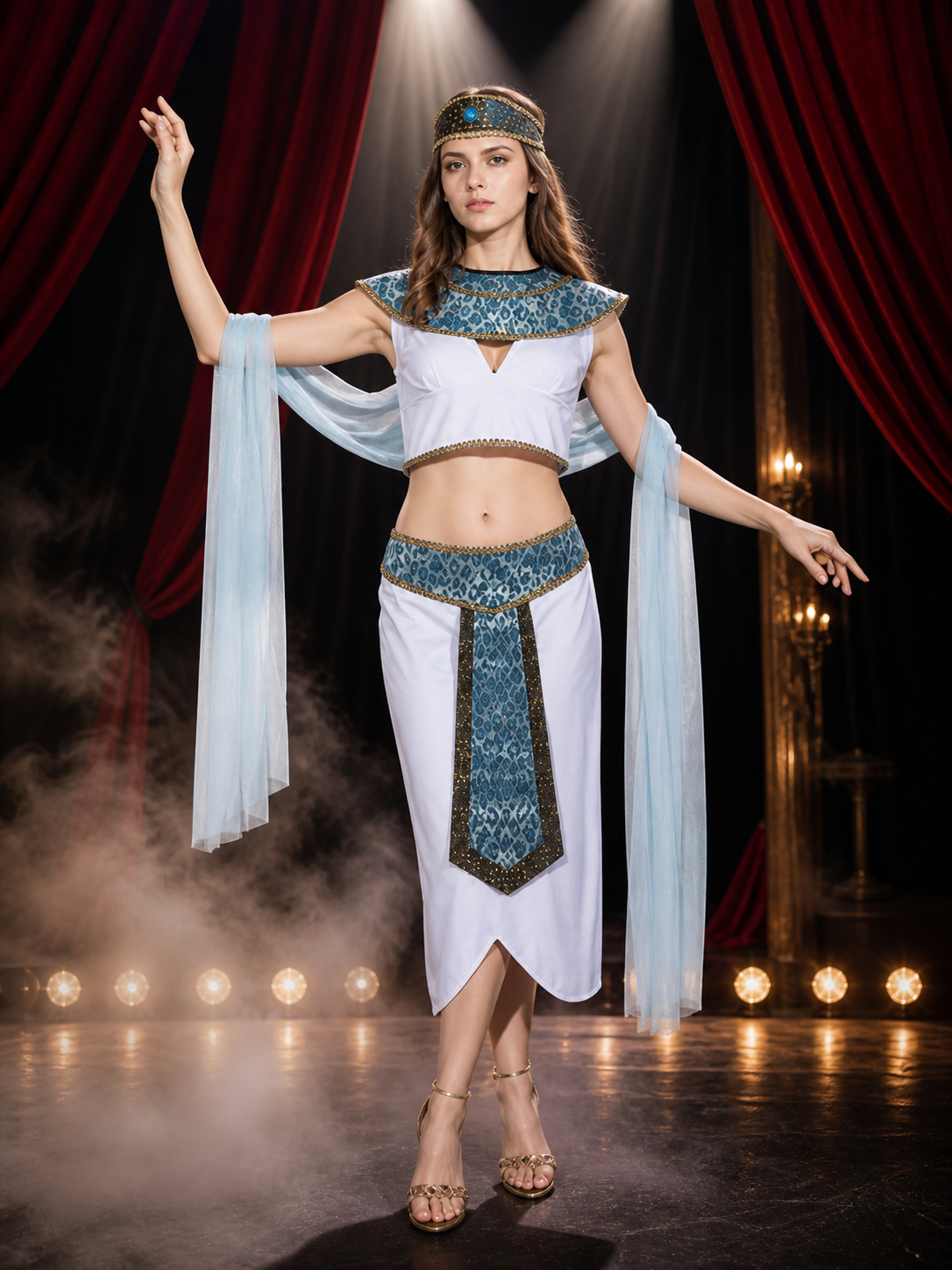 Egyptian Queen Costume Set, Two-Piece White, Blue And Silver Outfit With Costumes detail 3