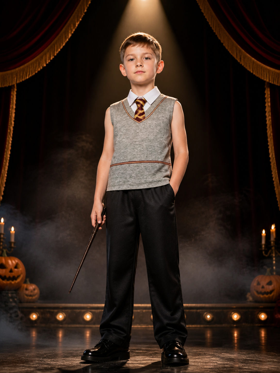 Children's Wizard Costume Set with Gray Sleeveless Top, Black Pants and Red-Gold Costumes detail 3