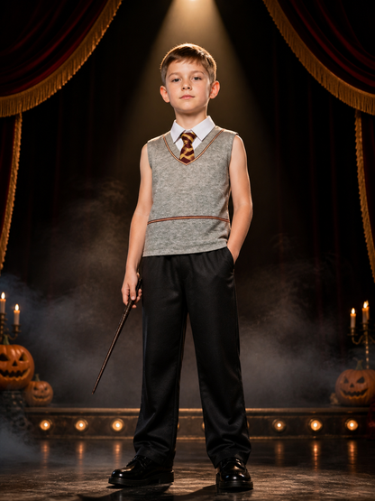 Children's Wizard Costume Set with Gray Sleeveless Top, Black Pants and Red-Gold Costumes detail 3