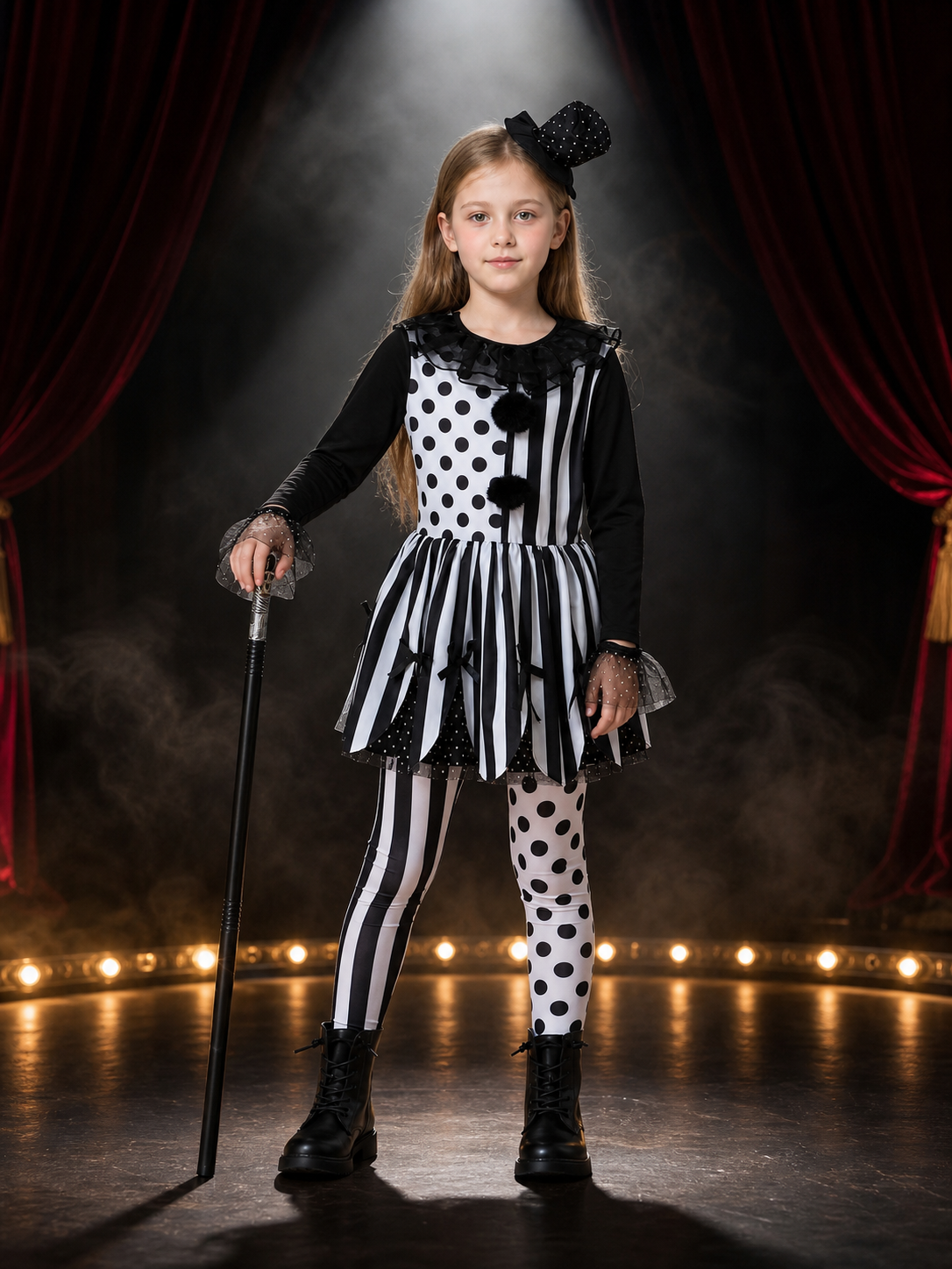Girls Clown Circus Costume Set - Black & White Tutu Dress, Pants, Headpiece & Costume Dresses detail 3