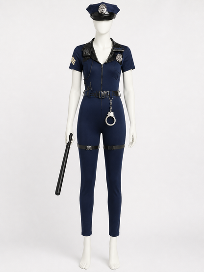 Women's Navy Blue Police Costume Bodysuit Set with Hat, Handcuffs, Belt, Baton Costume Headwear detail 3
