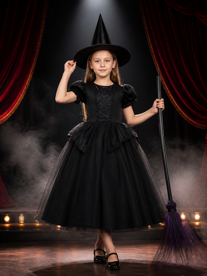 Kids Witch Costume Dress with Hat, Black & Purple Tutu Princess Halloween Outfit Costume Dresses detail 3