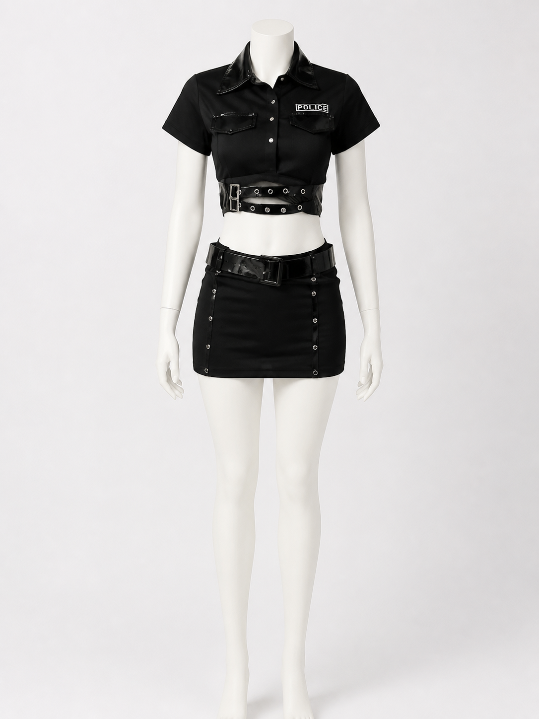Women's Police Officer Costume Set, Black Crop Top with Skirt, Sexy Halloween Costumes detail 3