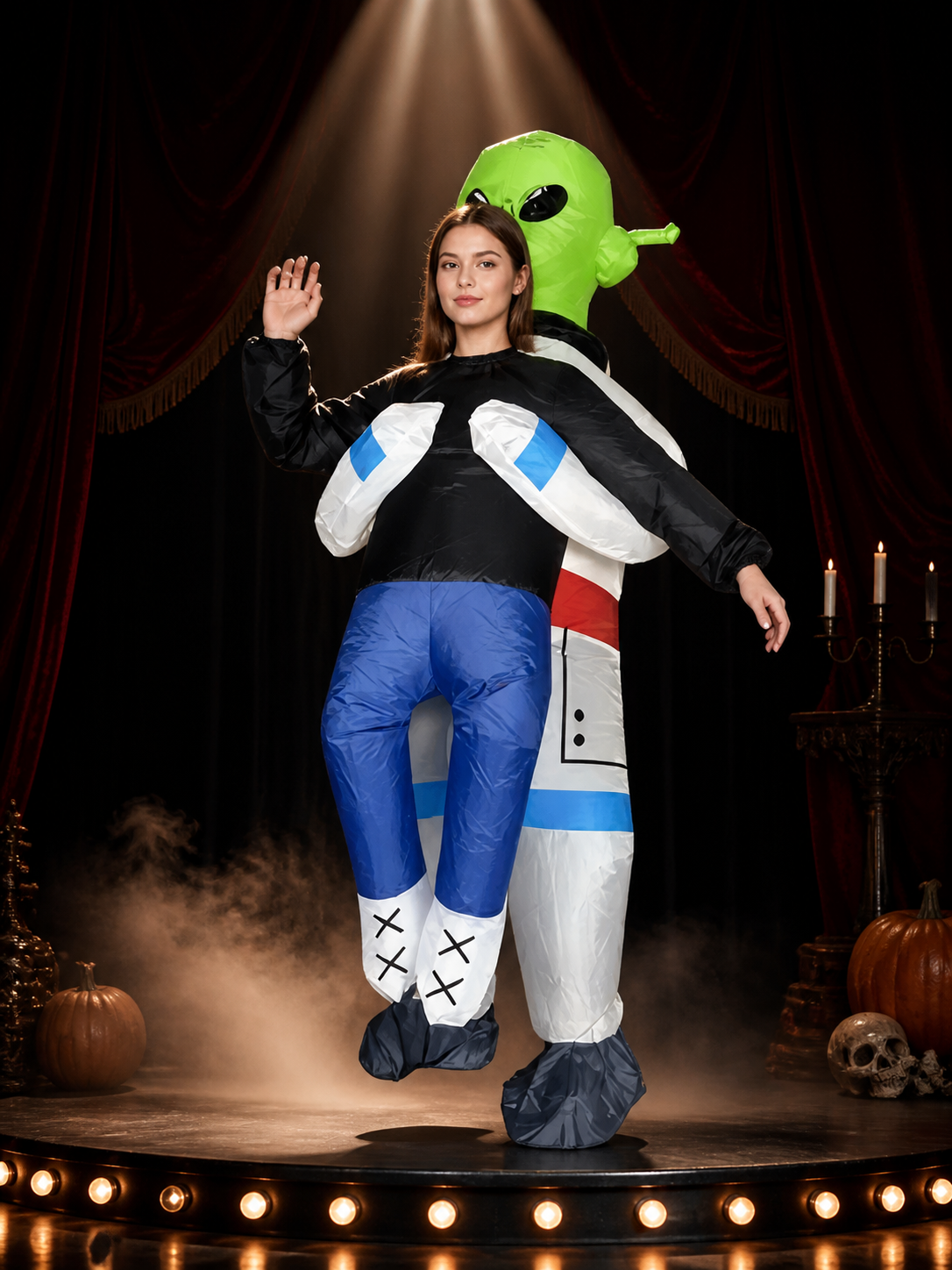 Adult Alien Bodysuit Costume, Black Blue White with Green Head and Black Eyes Costumes detail 3