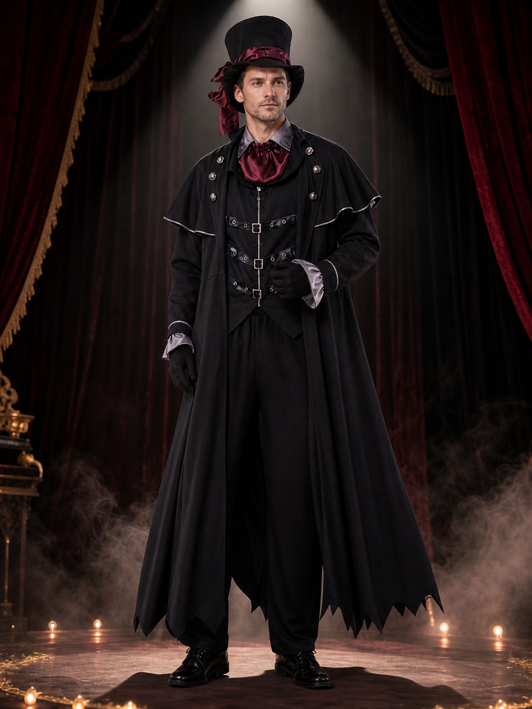 Men's Gothic Wizard Costume Set, Black Cape with Silver Trim, Vest, Top Hat & Costume Capes detail 3