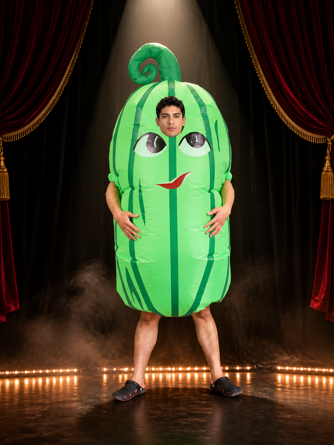 Inflatable Cactus Costume with Cartoon Face, Green Striped Halloween Outfit Costumes detail 3