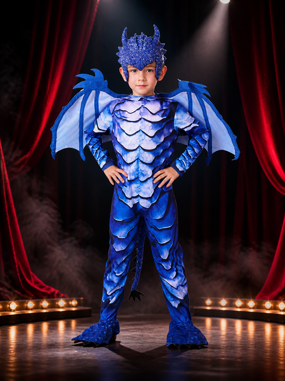 Kids' Blue Ice Dragon Knight Dinosaur Jumpsuit Costume with Wings and Character Costumes detail 3