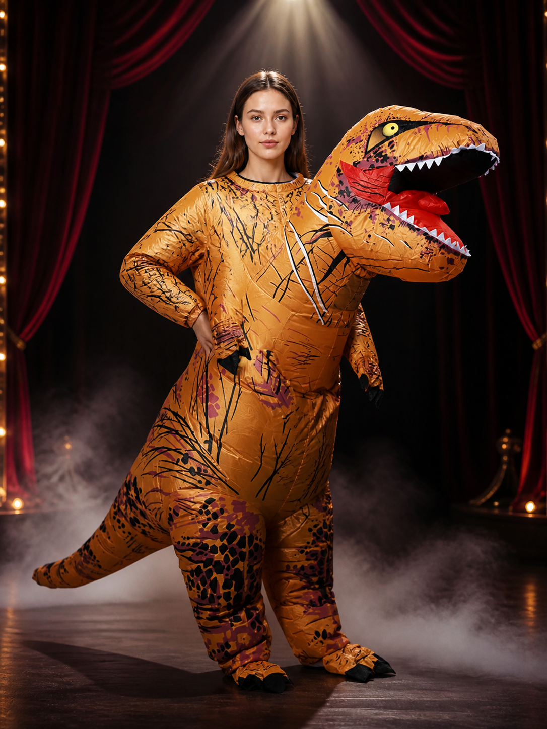 Adult T-Rex Dinosaur Costume, Orange Brown Spotted Bodysuit for Halloween Costumes detail 3
