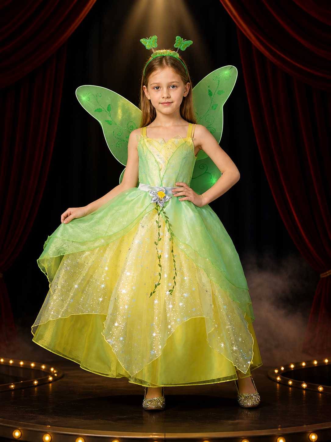 Girls' Princess Dress Costume with Butterfly Wings, Green & Yellow Star and Vine